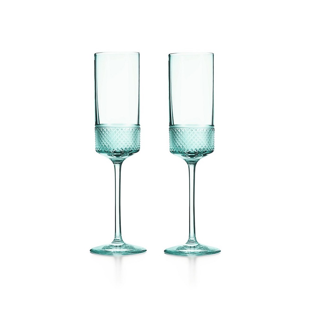 RARE Tiffany & Co. Champagne Flutes in Tiffany Blue Crystal Glass diamond point